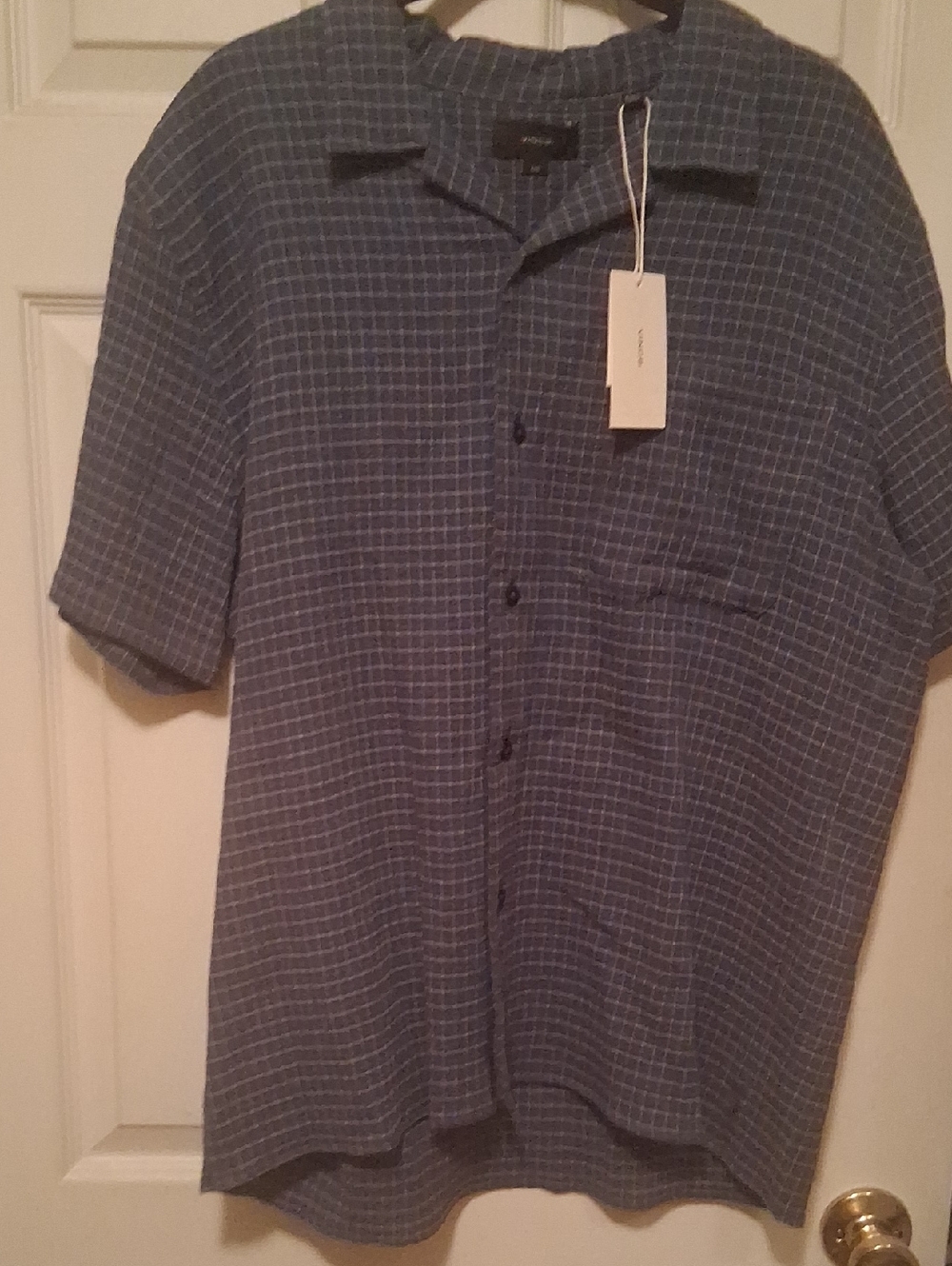 Vince Blue Windowpane Short Sleeve Button-Down Shirt SS  L